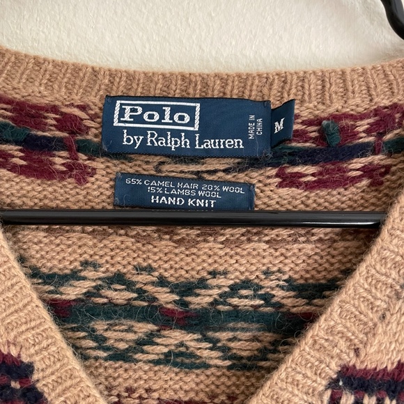 Vintage Ralph Lauren Polo Fair Isle Camel Hair Wool Sweater Vest M Hand Knit - Picture 2 of 4